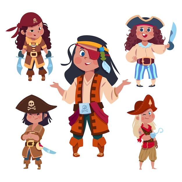 Vector conjunto de dibujos animados personaje chica piratas aislado