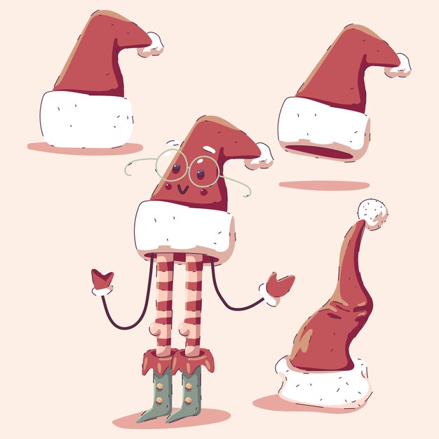 Conjunto de dibujos animados de personaje y sombrero de Santa Claus