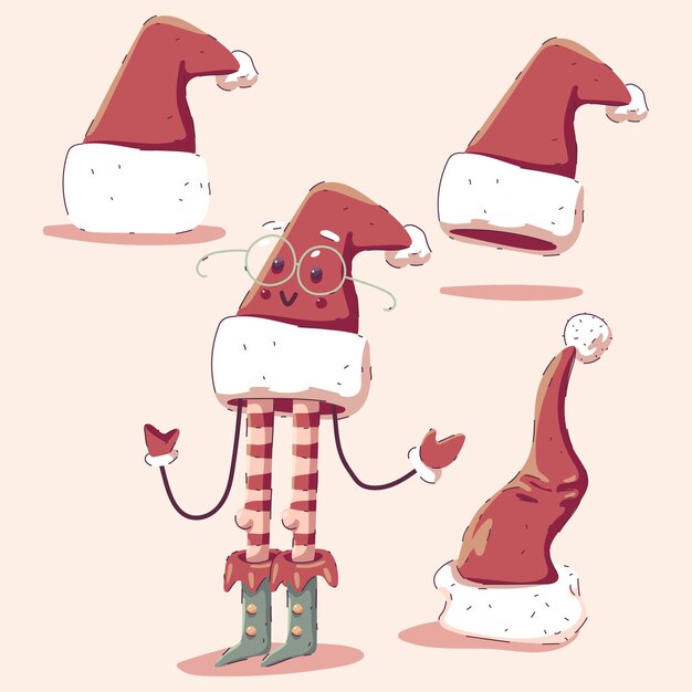 Conjunto de dibujos animados de personaje y sombrero de santa claus