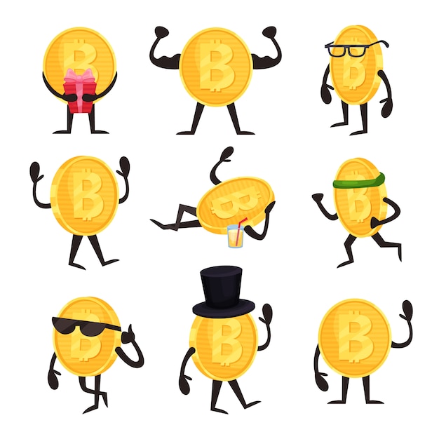 Conjunto de dibujos animados de personajes de monedas de oro con signo de bitcoin en diferentes acciones. Criptomoneda o concepto de dinero virtual. Diseño plano para aplicación móvil o sitio web.