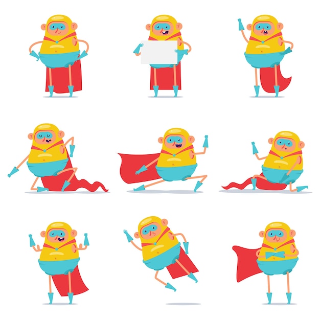 Conjunto de dibujos animados de personajes de superhéroe gordo lindo aislado