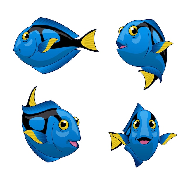 Conjunto de dibujos animados de pez Tang azul