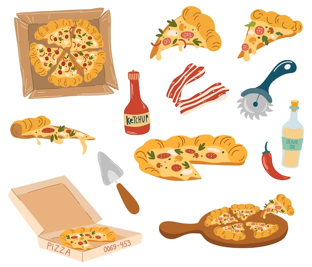 Conjunto de dibujos animados de pizza Pizzas italianas de comida rápida con pimiento verde tomate queso de oliva mancha de ketchup Piezas de pizza e ingredientes Ilustración de dibujos animados vectoriales