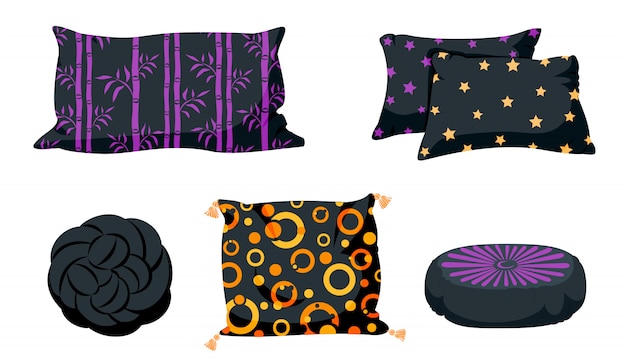 Vector conjunto de dibujos animados plana almohada negra. almohadas cuadradas, nudo con borlas, plantilla de maqueta de puf de almohada. diseño de cojín oscuro