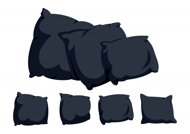 Conjunto de dibujos animados plana almohada negra. Textil interior para el hogar. Plantilla de cojín maqueta de tres almohadas cuadradas oscuras. Pluma, tela ecológica de bambú