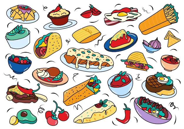 Conjunto de dibujos animados planos de comida mexicana. La colorida ilustración está decorada con platos igualmente coloridos.