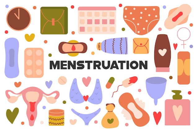 Vector conjunto de dibujos animados planos de menstruación. la ilustración muestra todo lo que las mujeres necesitan para la higiene personal.