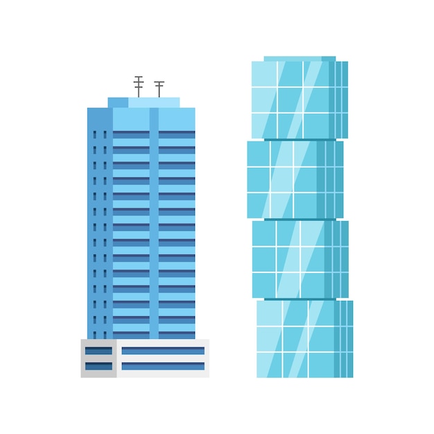 Conjunto de dibujos animados planos de vector aislado de edificios de rascacielos de ciudad moderna