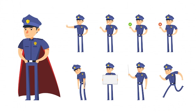 El conjunto de dibujos animados de policía. ilustración vectorial