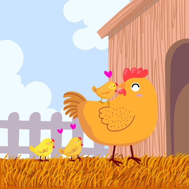 Conjunto de dibujos animados de pollo, gallina, gallo, aves de corral, animales de granja, ilustraciones vectoriales de personajes
