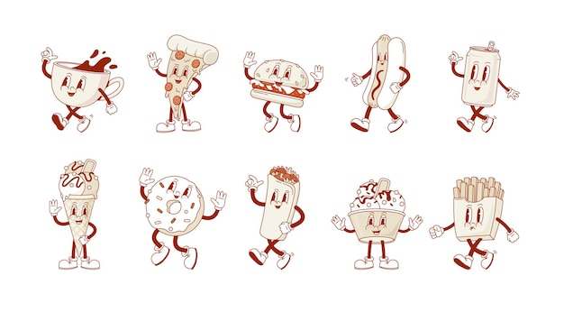 Conjunto de dibujos animados retro de comida rápida y bebida personaje pizza perrito caliente hamburguesa helado kebab cerveza mascota