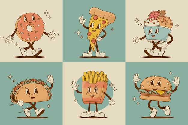 Conjunto de dibujos animados retro divertidos personajes de comida rápida Pizza hamburguesa papas fritas taco donut helado mascota