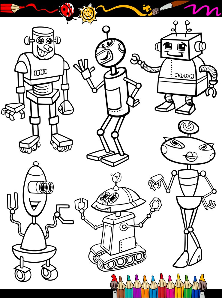 Vector conjunto de dibujos animados de robots para colorear