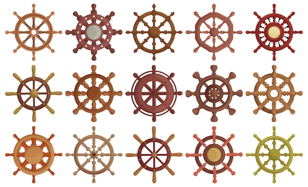 Vector conjunto de dibujos animados de rueda de barco ilustración de icono. icono de colección de dibujos animados timón de sh [p. ilustración aislada del barco de la rueda del sistema en el fondo blanco.