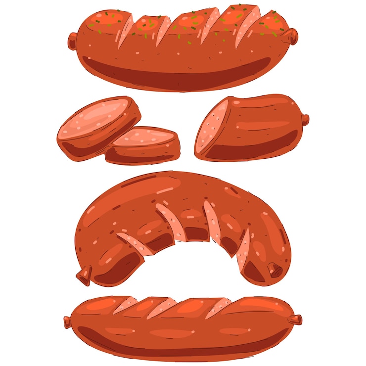 Vector conjunto de dibujos animados de salchichas a la parrilla aislado en un fondo blanco.