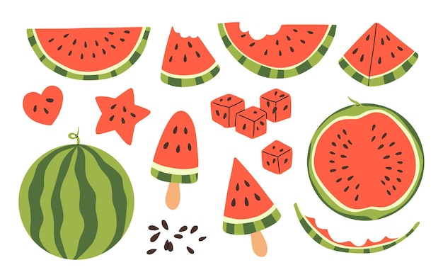 Conjunto de dibujos animados de sandía verde fresca abierta, medias rebanadas y triángulos, pieza de sandía roja con colección de mordeduras, conjunto vectorial de frutas de sandía rebanadas, cubos de colección de frutas y helados de verano.