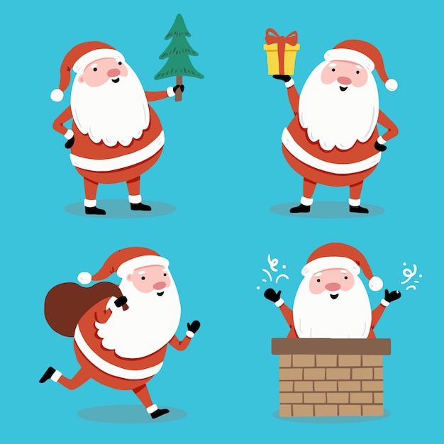 Conjunto de dibujos animados de santa claus en diferentes poses para banner de navidad, ilustración de tarjetas de felicitación. colección de personajes de santa.