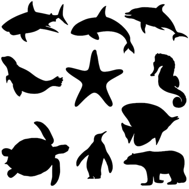 conjunto de dibujos animados de silueta animales marinos aislados. Ballena, delfín, tiburón, pez estrella.