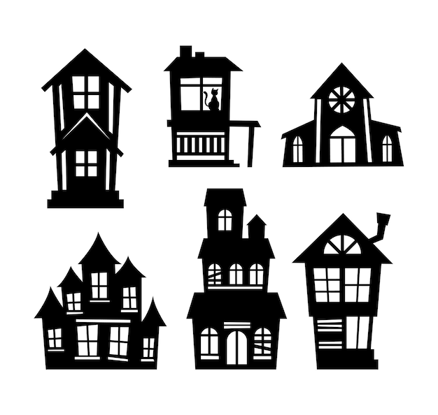 Conjunto de dibujos animados de la silueta negra de las vacaciones de Halloween elementos de casas espeluznantes aislados en blanco