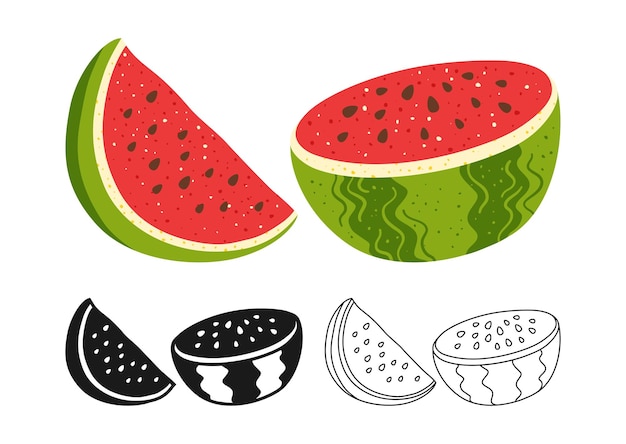 El conjunto de dibujos animados del símbolo de la sandía, la rodaja madura y la mitad de la fruta jugosa, el signo del icono lineal, la ilustración vectorial