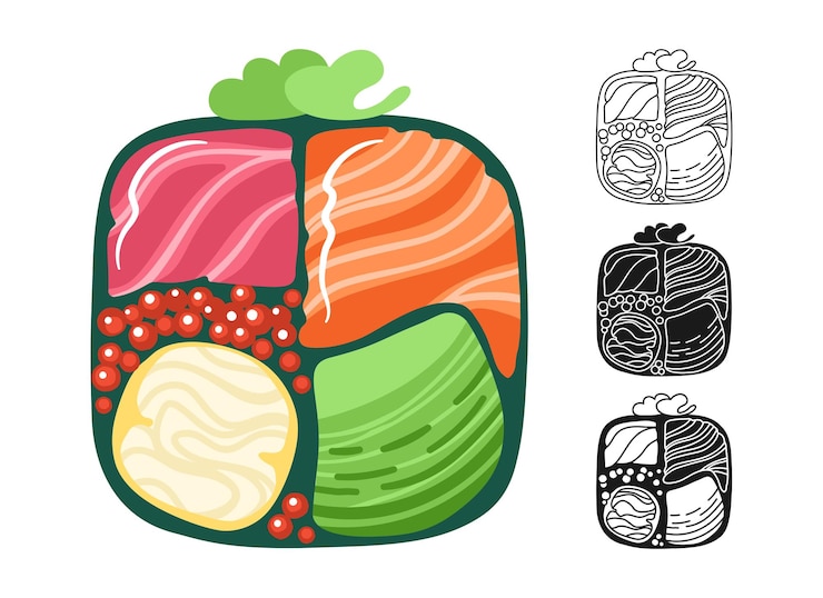 Vector conjunto de dibujos animados con símbolos de sushi, salmón, atún y camarón vector de iconos de comida tradicional asiática y japonesa