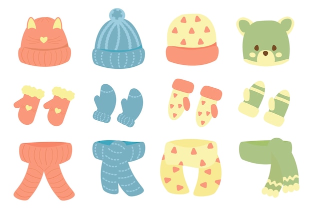 Conjunto de dibujos animados de sombreros de punto para las estaciones de otoño e invierno para niños, niños y niñas aislados
