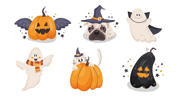 Conjunto de dibujos animados sonrientes y divertidos iconos de Halloween