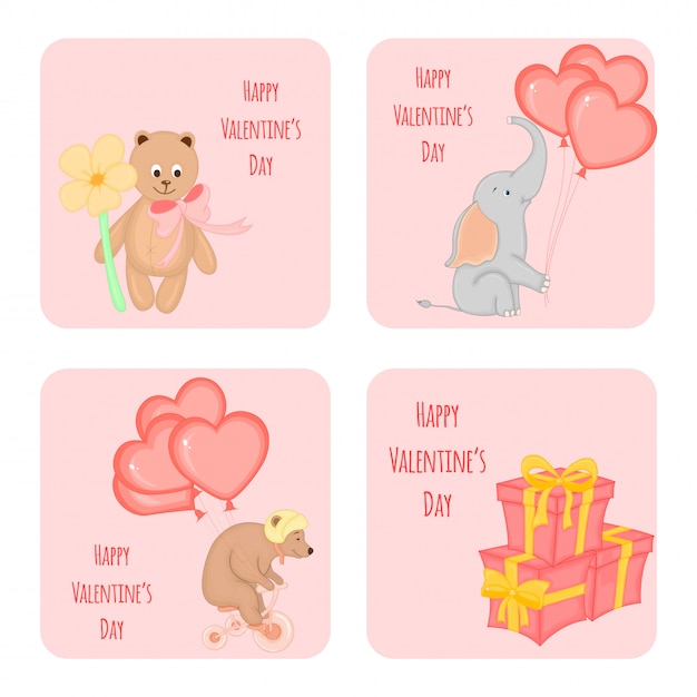 Conjunto de dibujos animados de tarjetas con animales para el día de san valentín.