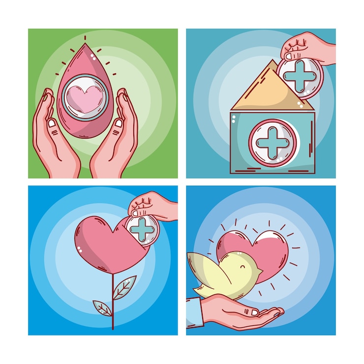Vector conjunto de dibujos animados de tarjetas de donación de sangre