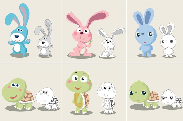 Vector conjunto de dibujos animados de tortuga conejo