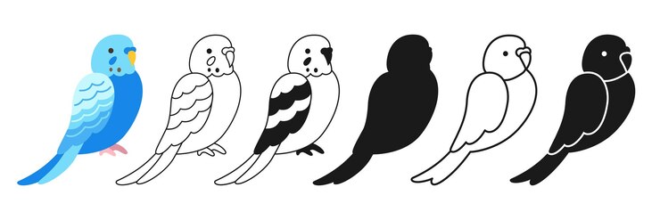 Vector conjunto de dibujos animados tropicales de loros loros periquitos exóticos brillantes sentados vector de signo de contorno de silueta