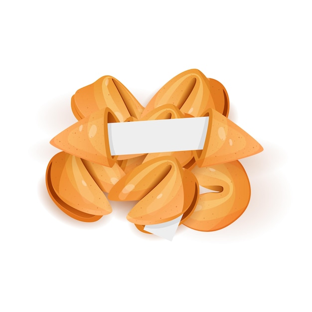 Conjunto de dibujos animados de vector de comida plana de galletas de la fortuna china aislado sobre fondo blanco fotorrealista. Galletas de la fortuna con plantilla de papel en blanco. galletas de la fortuna chinas en un montón. Ilustración vectorial