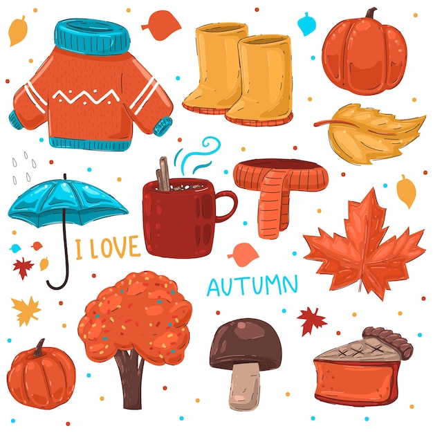Conjunto de dibujos animados de vector de elementos de otoño acogedor aislado sobre fondo blanco.