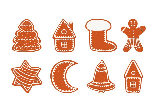 Un conjunto de dibujos animados de vector de galletas de jengibre de Navidad de diferentes formas.
