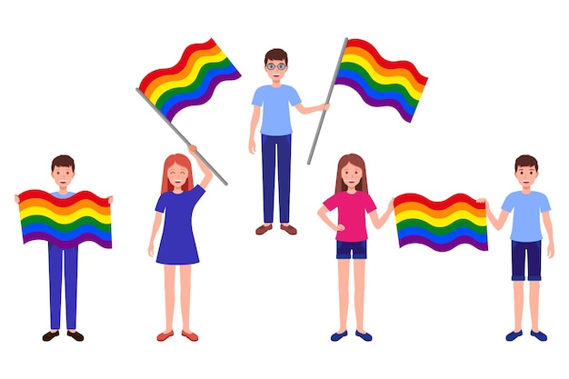 Conjunto de dibujos animados de vector de ilustraciones con personas con banderas de arco iris de la comunidad lgbt. concepto de desfile del orgullo