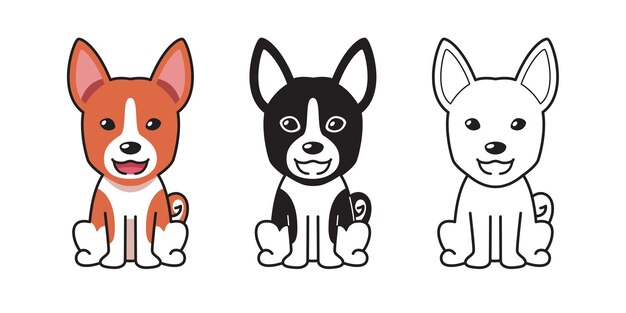 Conjunto de dibujos animados de vector de lindo perro basenji para el diseño.