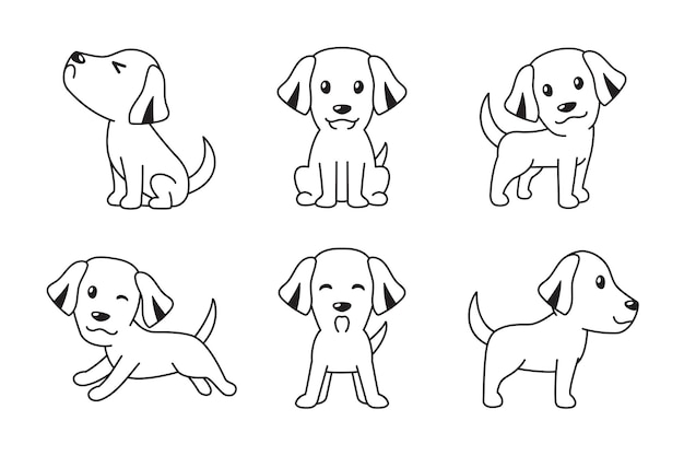 Conjunto de dibujos animados de vector de perro labrador retriever de color blanco y negro