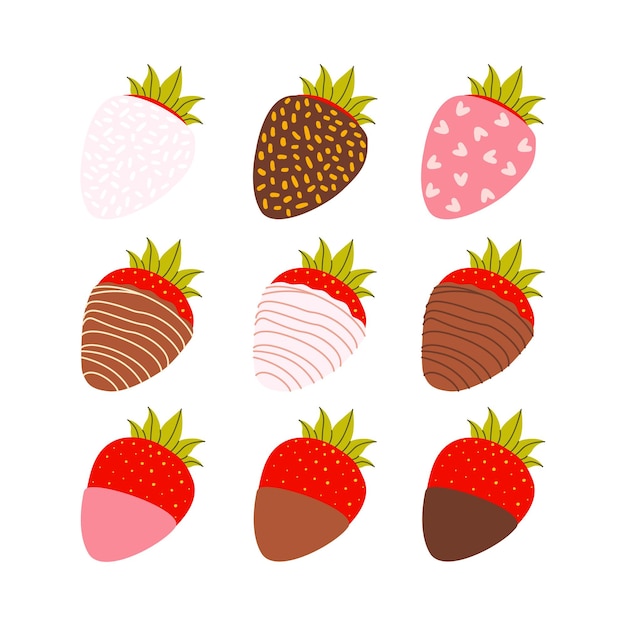 Un conjunto de dibujos animados de vector plano de fresas cubiertas con leche, chocolate oscuro y rosa.