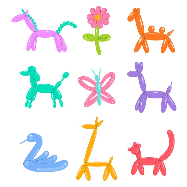Un conjunto de dibujos animados de vector plano de globos en forma de varios animales, una flor y una mariposa.