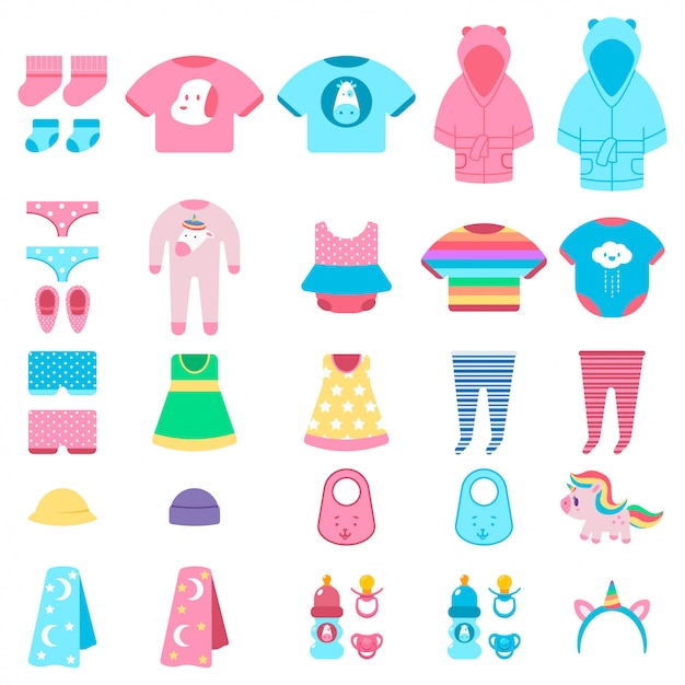 Conjunto de dibujos animados de vector de ropa y juguetes de bebé aislado.