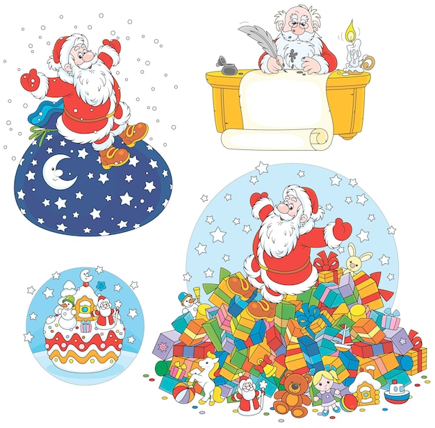 Conjunto de dibujos animados de vector de santa claus con regalos de navidad