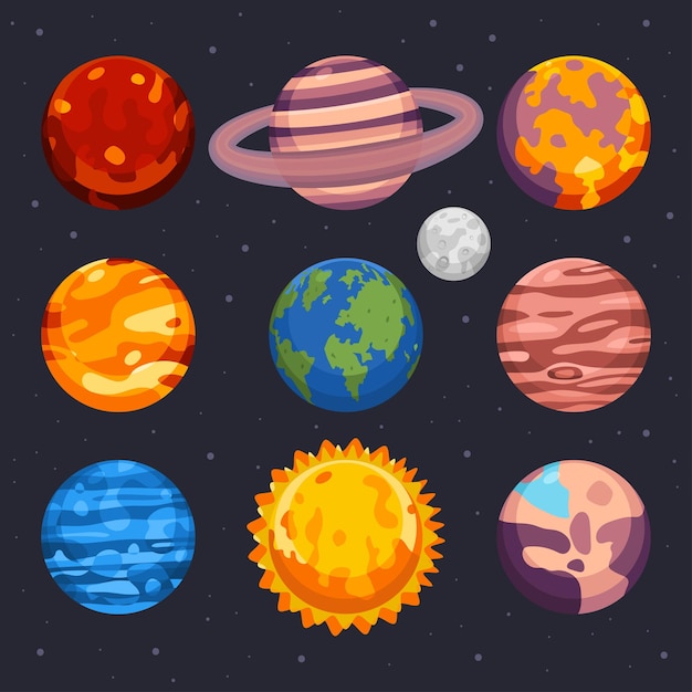 Conjunto de dibujos animados de vector de sistema solar de planetas