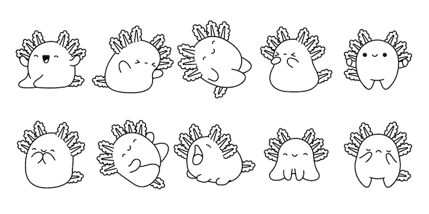 Vector conjunto de dibujos animados vectoriales axolotl coloración de páginas de contorno de reptil aislado kawaii