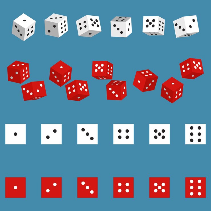 Vector conjunto de dibujos animados vectoriales de dados aislados en un fondo azul