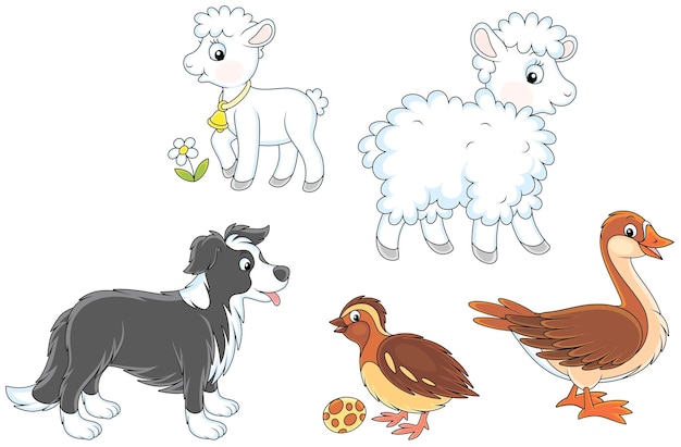 Vector conjunto de dibujos animados vectoriales de un ganso, una oveja blanca con un corderito, una perdiz pequeña y un perro divertido