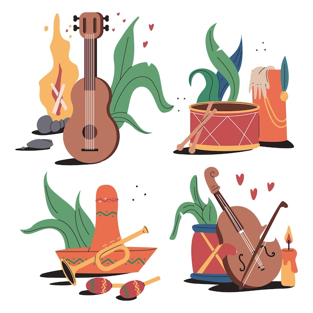 Conjunto de dibujos animados vectoriales de instrumentos musicales aislados sobre un fondo blanco