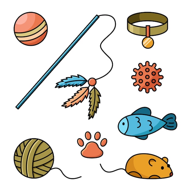 Conjunto de dibujos animados vectoriales de juguetes para gatos y collar Iconos aislados de diferentes bolas ratón y caña de pescar