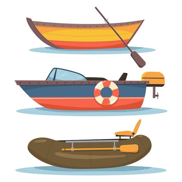 Conjunto de dibujos animados vectoriales de tipos de barcos y barcos aislados sobre un fondo blanco