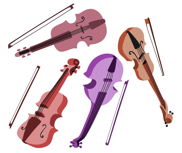 Vector conjunto de dibujos animados de violín instrumento musical de cuerda clásica