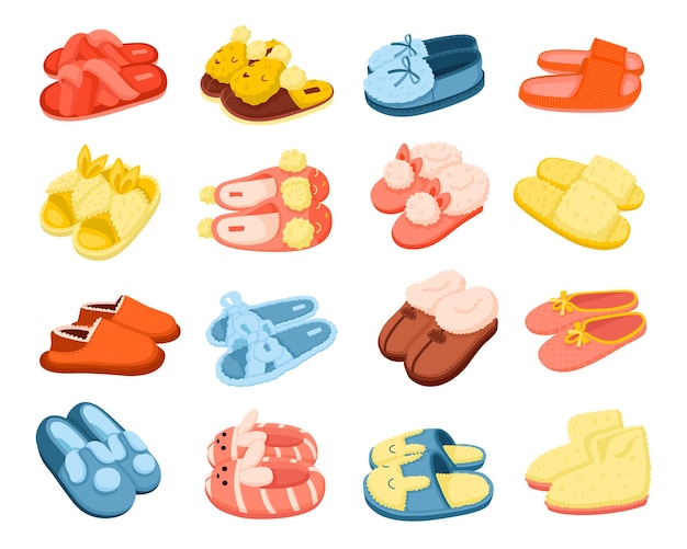 Vector conjunto de dibujos animados de zapatillas de casa de coloridos artículos de calzado peludos cálidos para mujeres y niños ilustración vectorial aislada